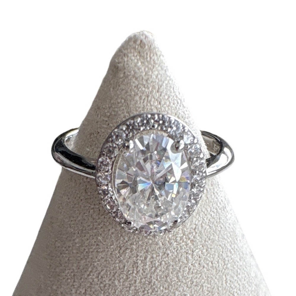 Halo Ring Sterling Silver 2.22 CTW Oval Moissanite Size 7 VVS D Round Solitaire
